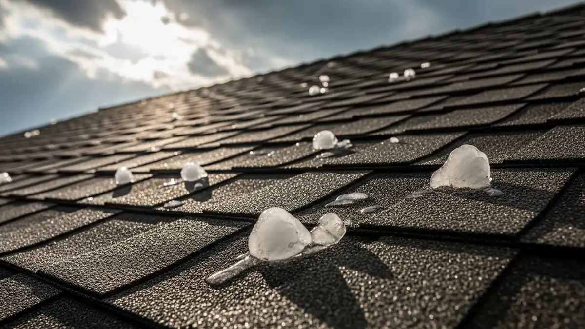Hailstones resting on Class 4 impact-resistant architectural shingles on a Northern Virginia home