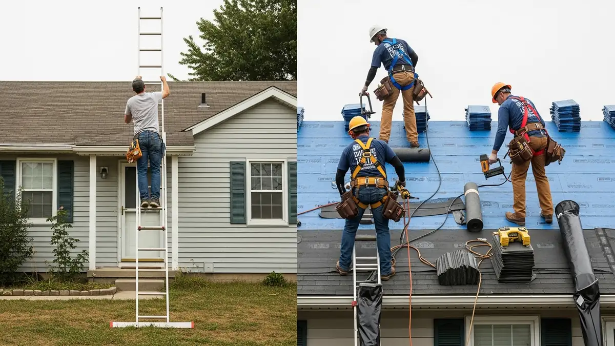 Homeowner on a ladder inspecting roof shingles vs licensed roofing contractor working on a Northern Virginia home