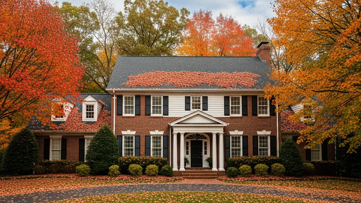 Northern Virginia home in autumn with colorful fall foliage and roof maintenance
