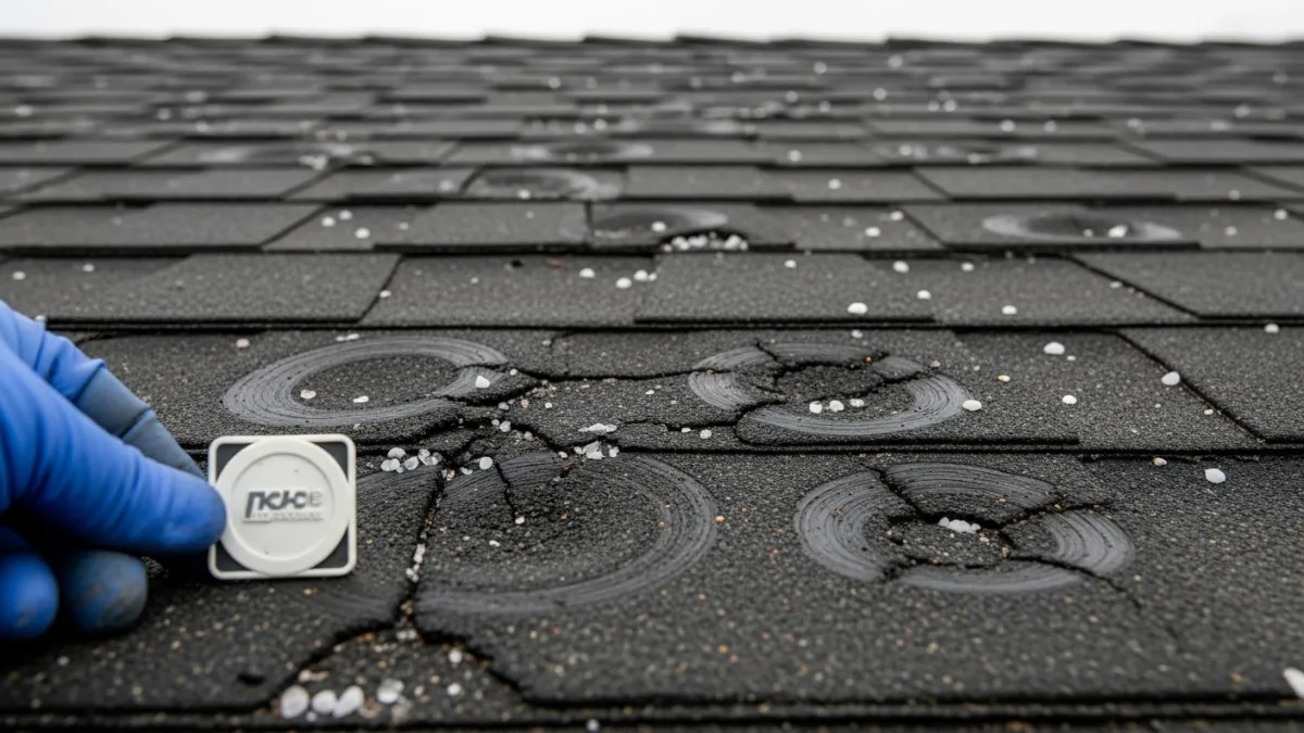 Hail damage on asphalt shingle roof in Northern Virginia
