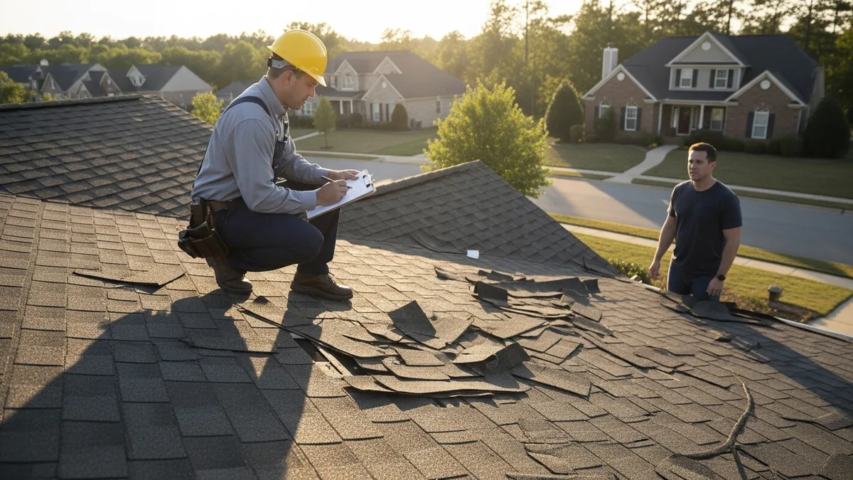 Insurance adjuster examining storm-damaged roof on Virginia home