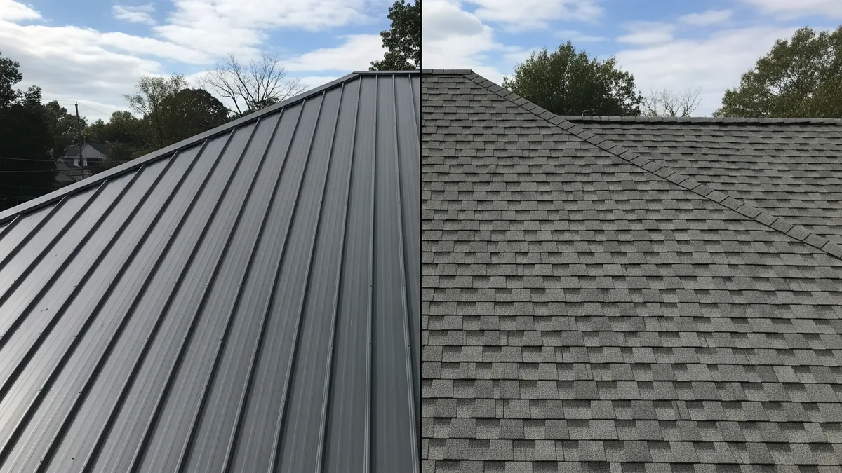 Side-by-side comparison of metal and asphalt roofing on Virginia homes
