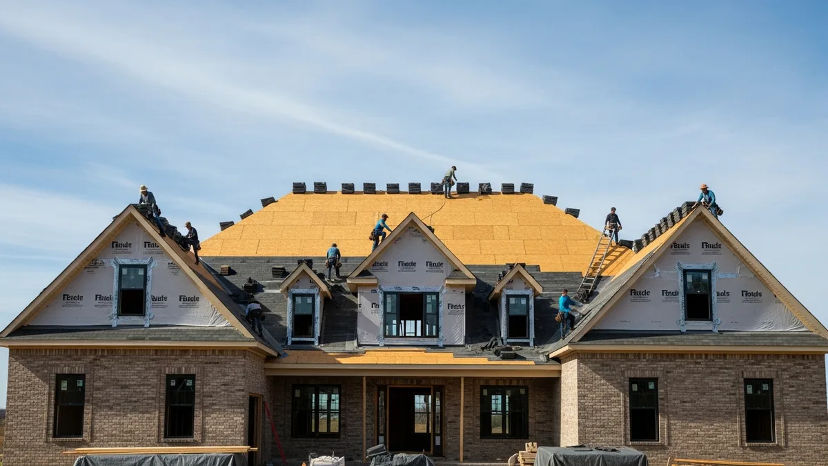 New construction home being built with roof framing in Gainesville Virginia