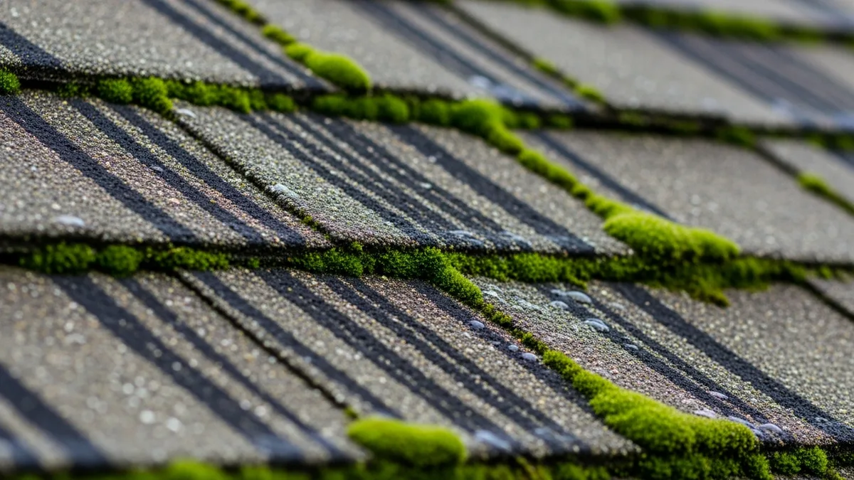Close-up of algae streaks and moss growing on asphalt shingles in Virginia