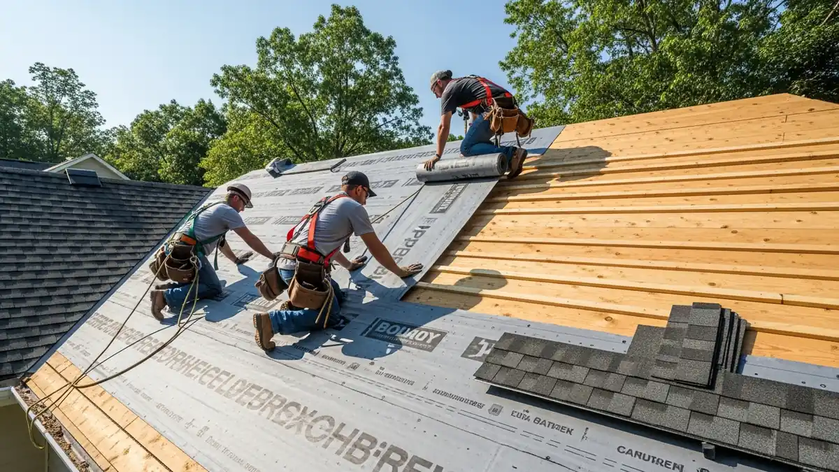 Roofers laying synthetic underlayment over fresh decking on a Northern Virginia home