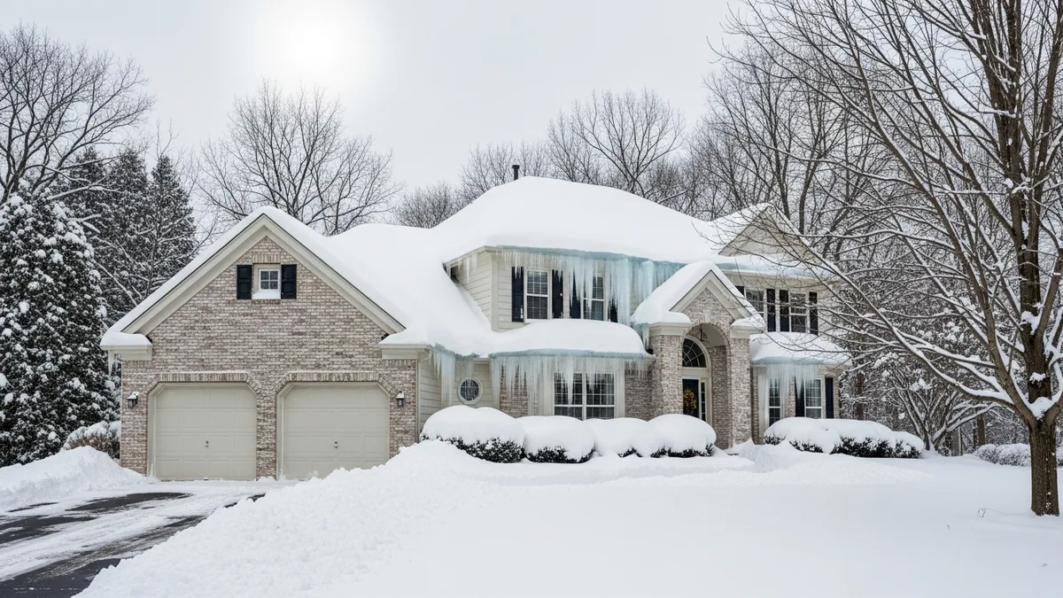 Residential home in Woodbridge VA covered in snow with ice dams visible