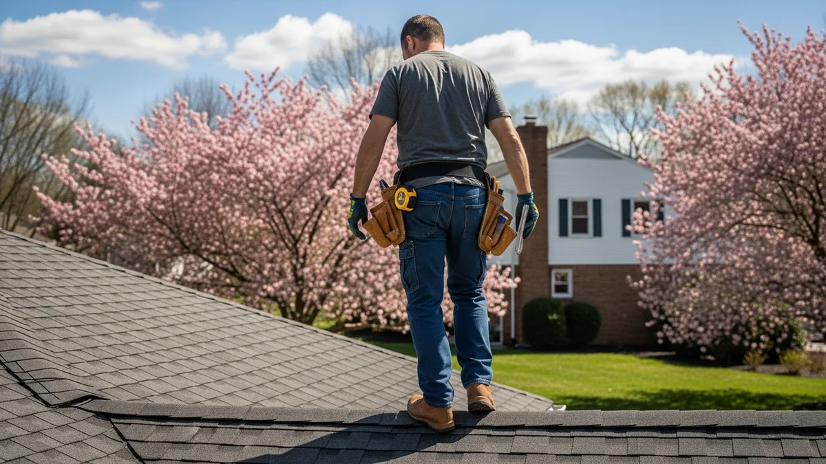 Roofing contractor performing spring inspection on a Northern Virginia home