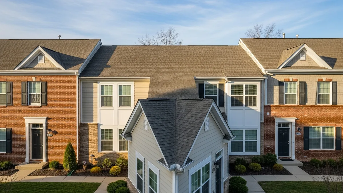 Row of townhomes in Woodbridge VA showing shared wall roofing details
