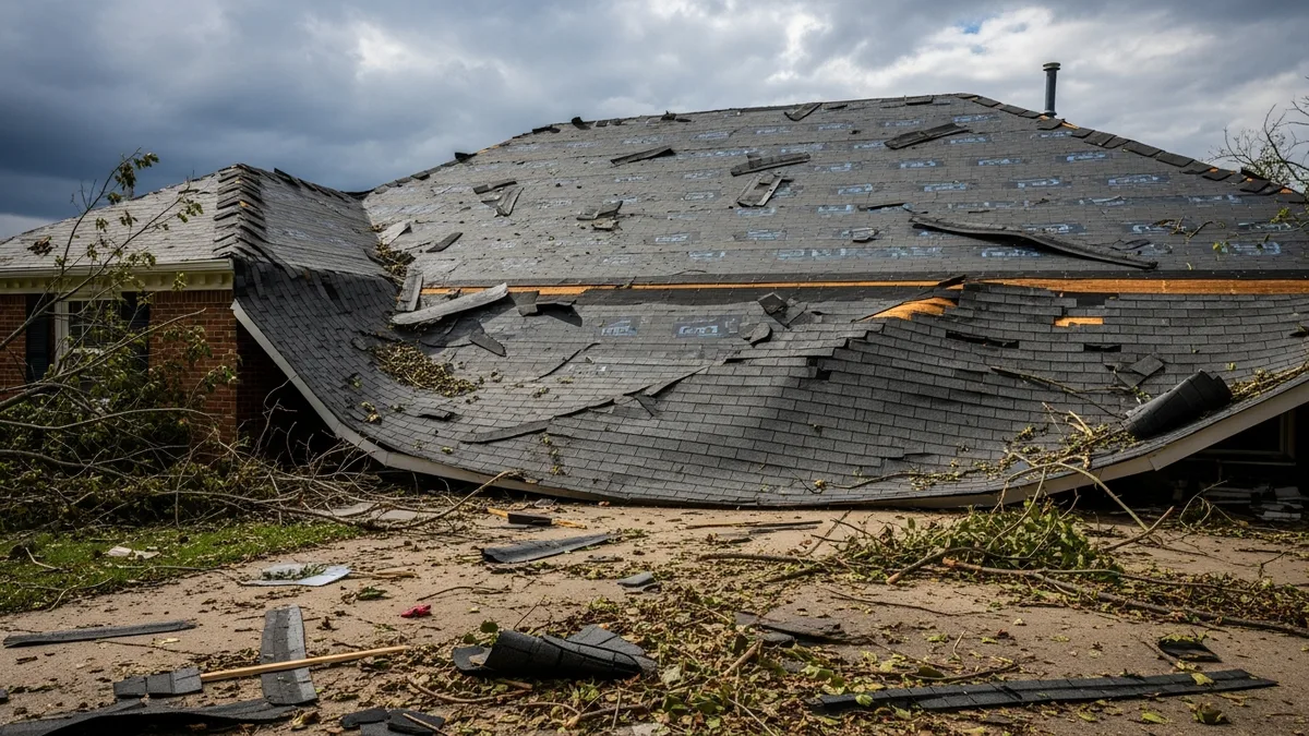 Wind-damaged roof with missing shingles after a storm in Northern Virginia